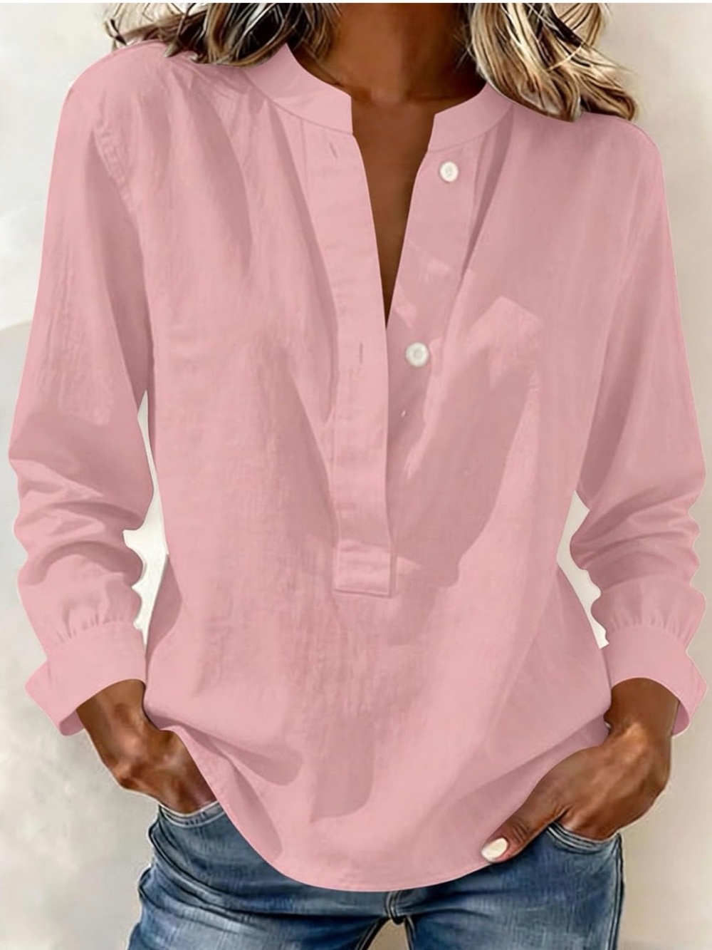 Women’s Pink Split-Neck Long Sleeve Top
